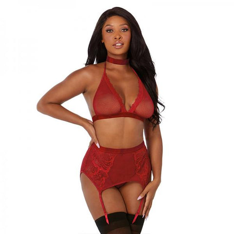 Fishnet & Lace Bralette, Garterbelt, G-string & Choker Garnet O/s