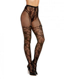 Lace & Fishnet Pantyhose W/knitted High Waist Lace Panty & Thigh High Design Black O/s
