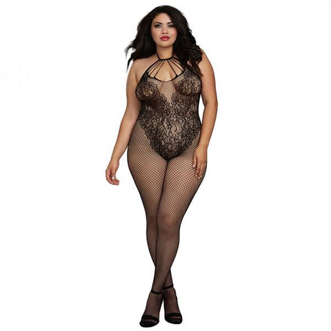 Fishnet Bodystocking W/knitted Teddy Design Black Qn