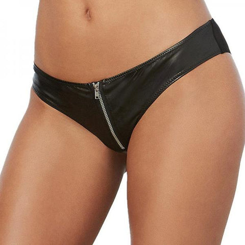 Faux Leather Cheeky Zipper Panty Black Large