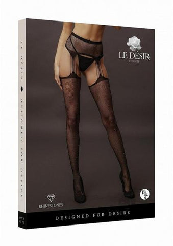 Suspender Rhinestone Pantyhose - Black