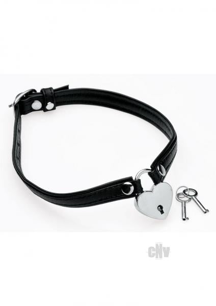 Heart Lock Leather Choker With Lock And Key - Black