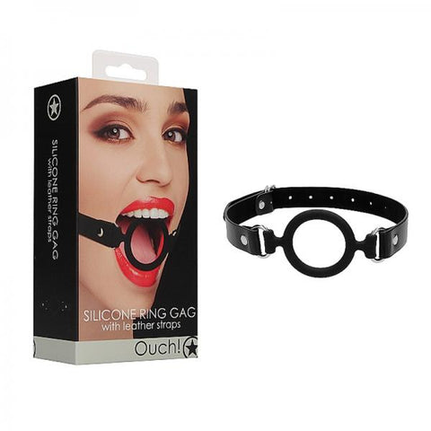 Ouch! Silicone Ring Gag With Leather Straps - Black