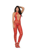 Opaque Net Striped Bodystocking Open Crotch Red O/S