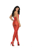 Opaque Net Striped Bodystocking Open Crotch Red O/S