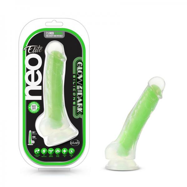 Neo Elite Glow In The Dark Viper 7.5 In Silicone Dual Density Dildo W/ Balls Neon Green