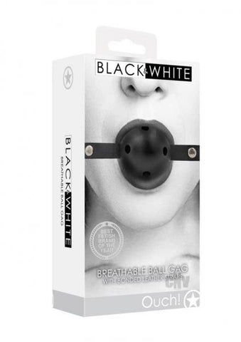 Ouch! Black & White Breathable Ball Gag With Bonded Leather Straps Black