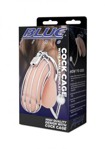 Blue Line Metal Cock Cage With Anal Stimulator