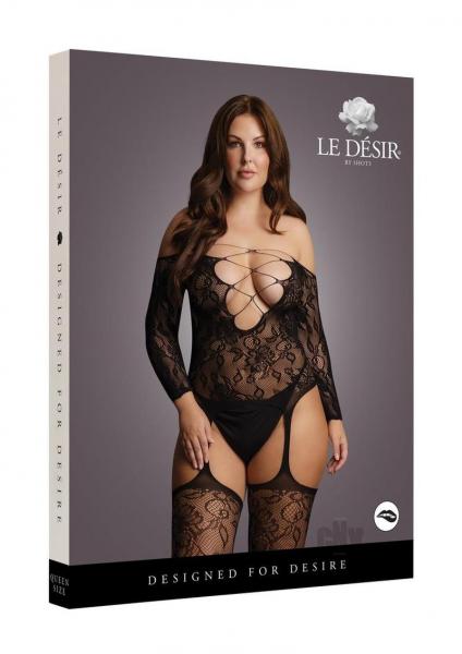 Shots Le Desir Criss Cross Neck Suspender Bodystocking Black Qs