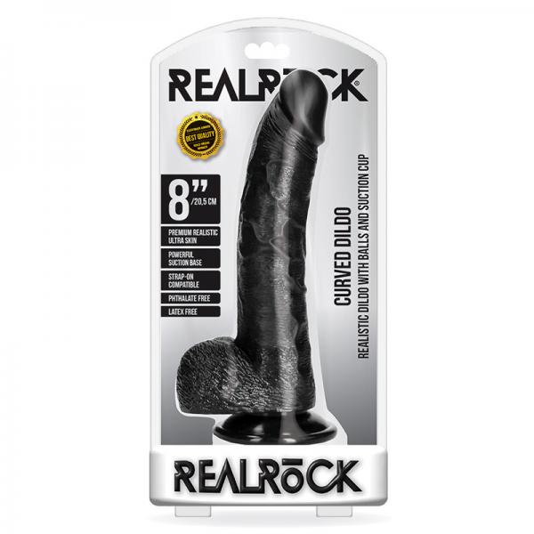 Realrock Curved Realistic Dildo With Balls And Suction Cup 8 In. Black