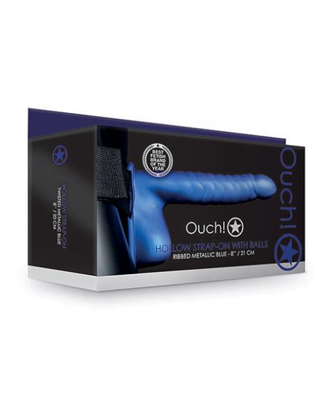 Ouch! Ribbed Hollow Strap-on With Balls 8 In. Metallic Blue