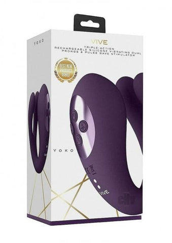 Vive Yoko Rechargeable Triple Action Silicone Vibrator Dual Prongs With Clitoral Pulse Wave Purple