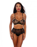 Two Tone Scalloped Lace Bra, High Waist Garter Belt & G-string Black/silver Lg