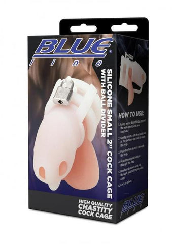 Blue Line 2" Silicone Mini Cock Cage With Ball Divider - White