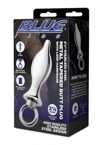 Blue Line 2.5" Stainless Steel Metal Tapered Butt Plug With Loop Hardware