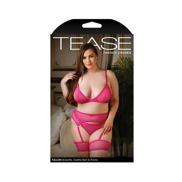 Tease Fallon Bralette, Garter Belt With Leg Garters & Panty Set Pnk 3x/4x