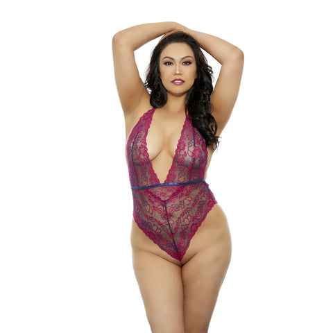 Two Tone Lacy Bodysuit Plus Size Fuchsia