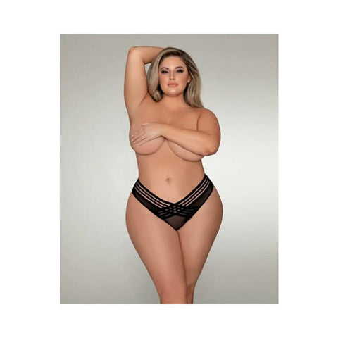 Dreamgirl Mesh Thong With Shadow Stripe Elastic Front Detail Black 3x