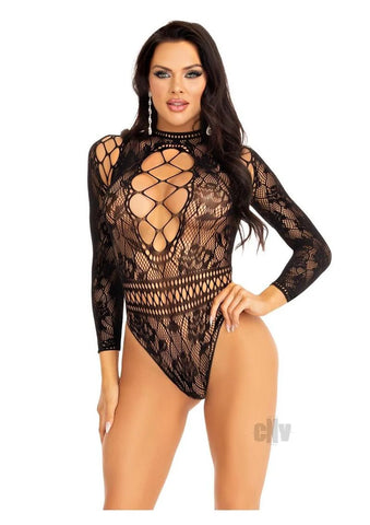 High Neck Lace Net Keyhole Suit Os Blk