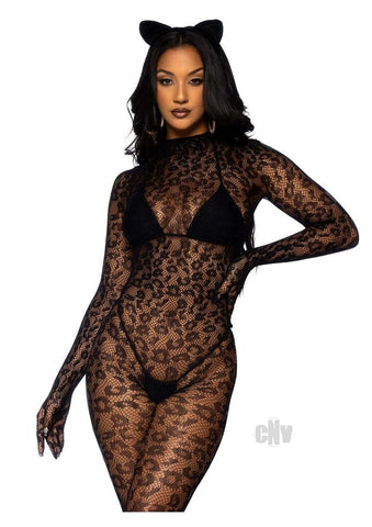 Seamless Leopard Glove Catsuit Os Blk