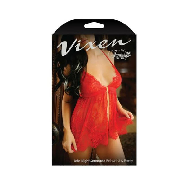 Vixen Late Night Serenade Front Clasp Lace Babydoll & Crotchless G-string Panty Red O/s