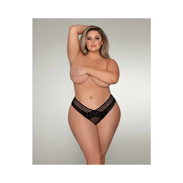 Dreamgirl Mesh Thong With Shadow Stripe Elastic Front Detail Black 2x