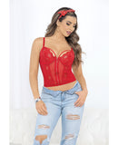 Rhinestone Zipper Front Lace Corset Top & Panty Red LG