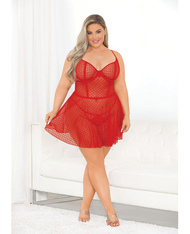 Red Hearts Mesh Babydoll & G-String Red 1X