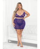 Lace & Mesh Long Line Bra, Garter Skirt & G-String Midnight Purple 1X