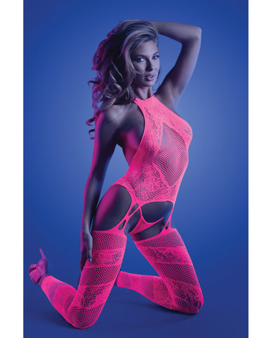 Glow Captivating Halter Bodystocking & G-String Neon Pink O/S