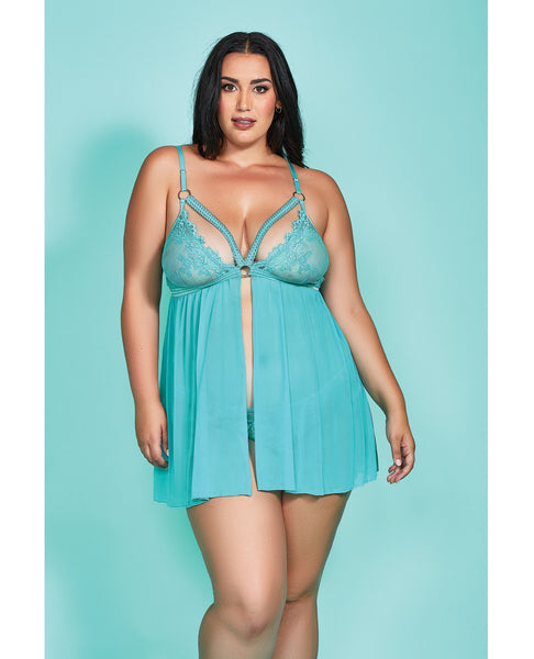 Riley Eyelash Lace Soft Cup Babydoll & Panty Teal 1X