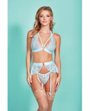 Mercedes Dross Dyed Galloon Lace Strappy Halter Bra, Garter Skirt & G-String Light Blue MD