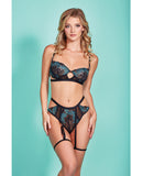 Emmalyn Mesh & Galloon Lace Underwire Bra & High Waist Garter Panty Black/Blue LG