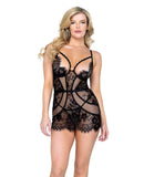 Femme Fatale Scalloped Eyelash Lace & Mesh  Chemise & Thong Black LG