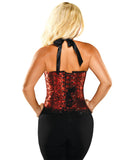 Halter Floral Print Corset w/Hook & Eye Closures & Acrylic Boning - Red/Black