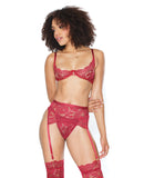 Scallop Stretch Lace Bra, Garter Belt & Thong Ruby MD