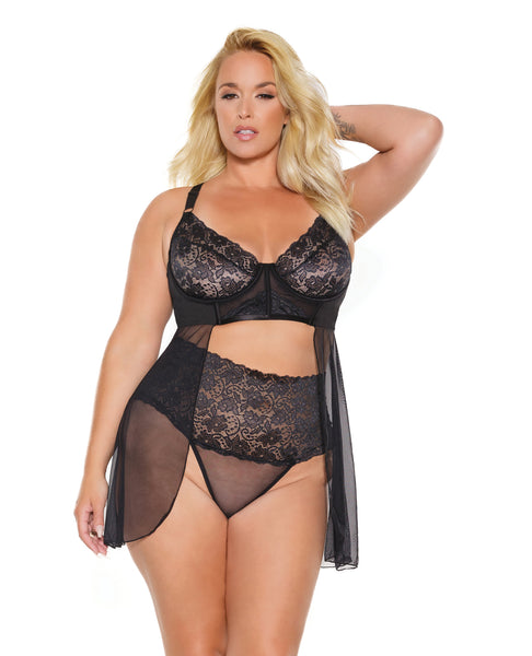 Scallop Stretch Lace & Sheer Mesh Babydoll & High Waist Thong Black 1X/2X