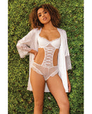 Stretch Mesh Ruffled Crotchless Teddy White LG