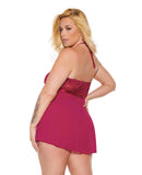 Scallop Stretch Lace & Sheer Mesh Halter Babydoll & Adjustable Thong Raspberry OS/XL