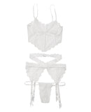 Scallop Stretch Lace Long Line Soft Cup Bra, Garterbelt & G-String White O/S