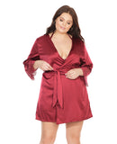 Stretch Satin Robe w/Eyelash Lace Sleeve Robe Merlot OS/XL