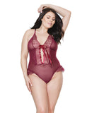 Bold Mesh & Fine Lace Crotchless Teddy Merlot OS/XL