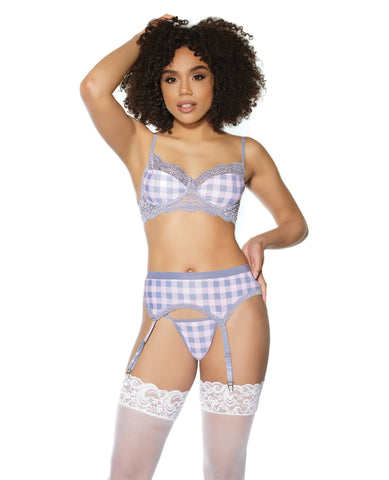 Crystal Pink Buffalo Check Print, Bra, Garter Belt & String Grey/Pink SM