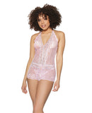 Crystal Pink Halter Crotchless Teddy Pink/Silver O/S