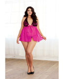 Stretch Satin Babydoll w/Lace Overlay & Adjustable Neck-Hook Closure & G-String Black/Magenta 2X