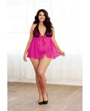 Stretch Satin Babydoll w/Lace Overlay & Adjustable Neck-Hook Closure & G-String Black/Magenta 3X