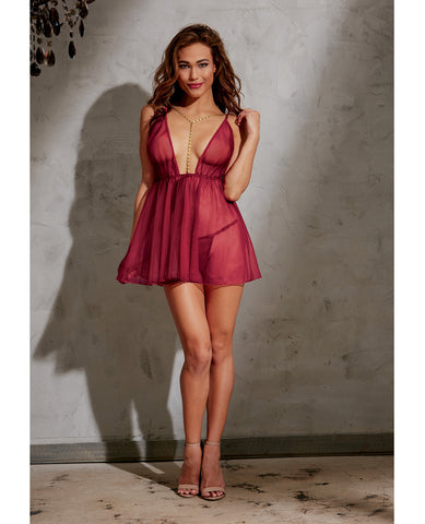 Stretch Mesh Babydoll w/Attached Gold Chain Neckline, Adju Hip Straps & G-String Garnet LG