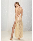 Lace Plunge Front Gown w/Halter Neck Champagne XL