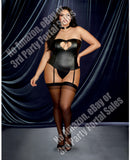 Faux-Leather Bustier w/Heart Cutout, attch Garters & Thong Black 40