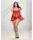 Lace & Mesh Babydoll w/Black Heart Embellishment & Lace Panty Lipstick Red 2X